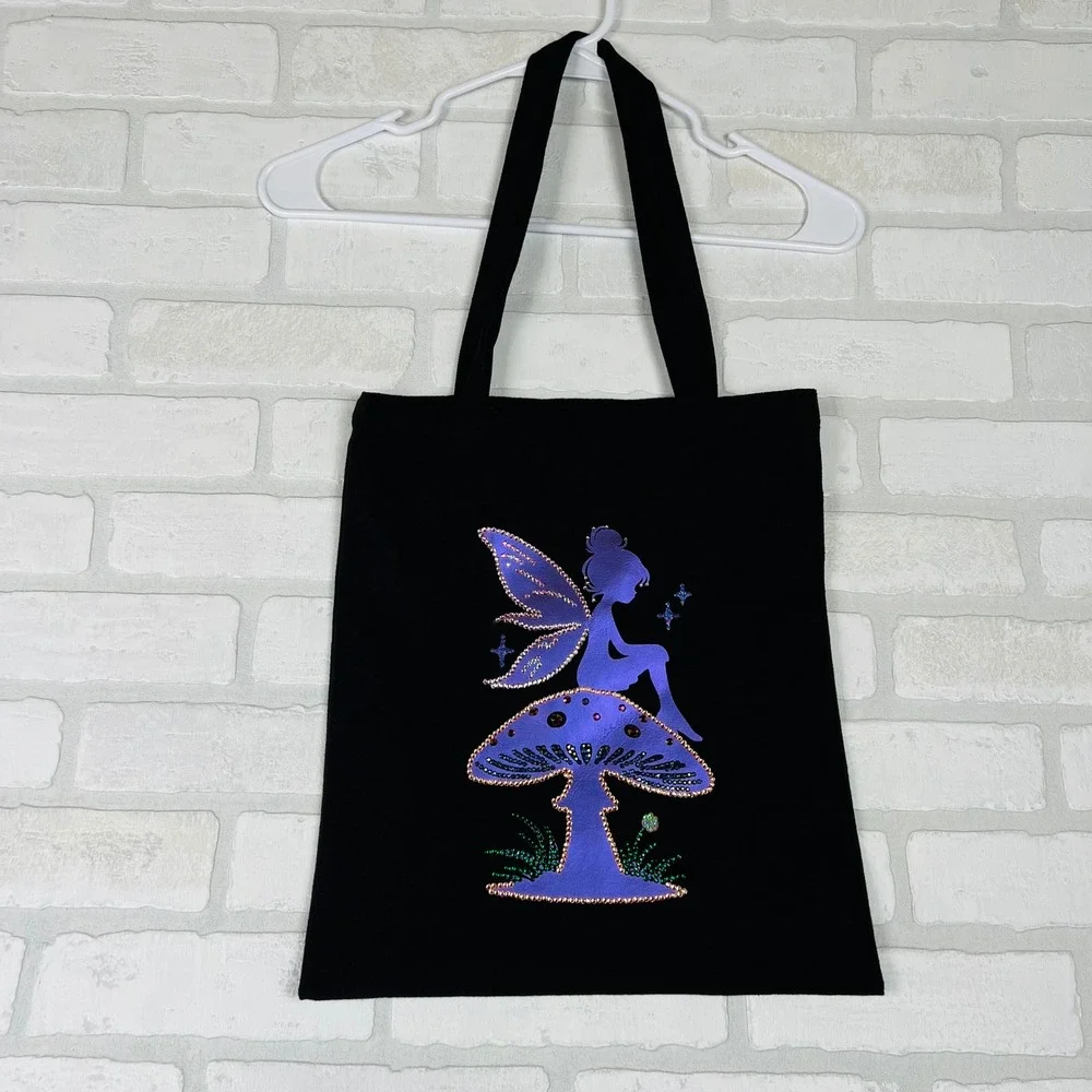 Black Fairy Mushroom Rhinestone Iridescent Canvas Tote Kids Bookbag 12 x 14.5